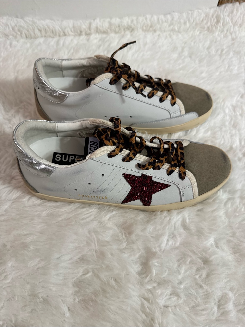 Golden Goose Super Star Burgundy Red Glitter Star Sneakers Size 10